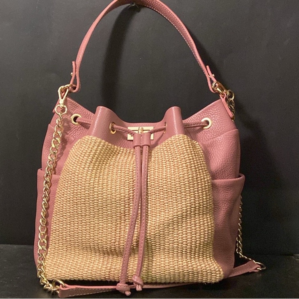 Unica Firenze Genuine Leather Faux Straw Bucket Purse “Blush style g13”